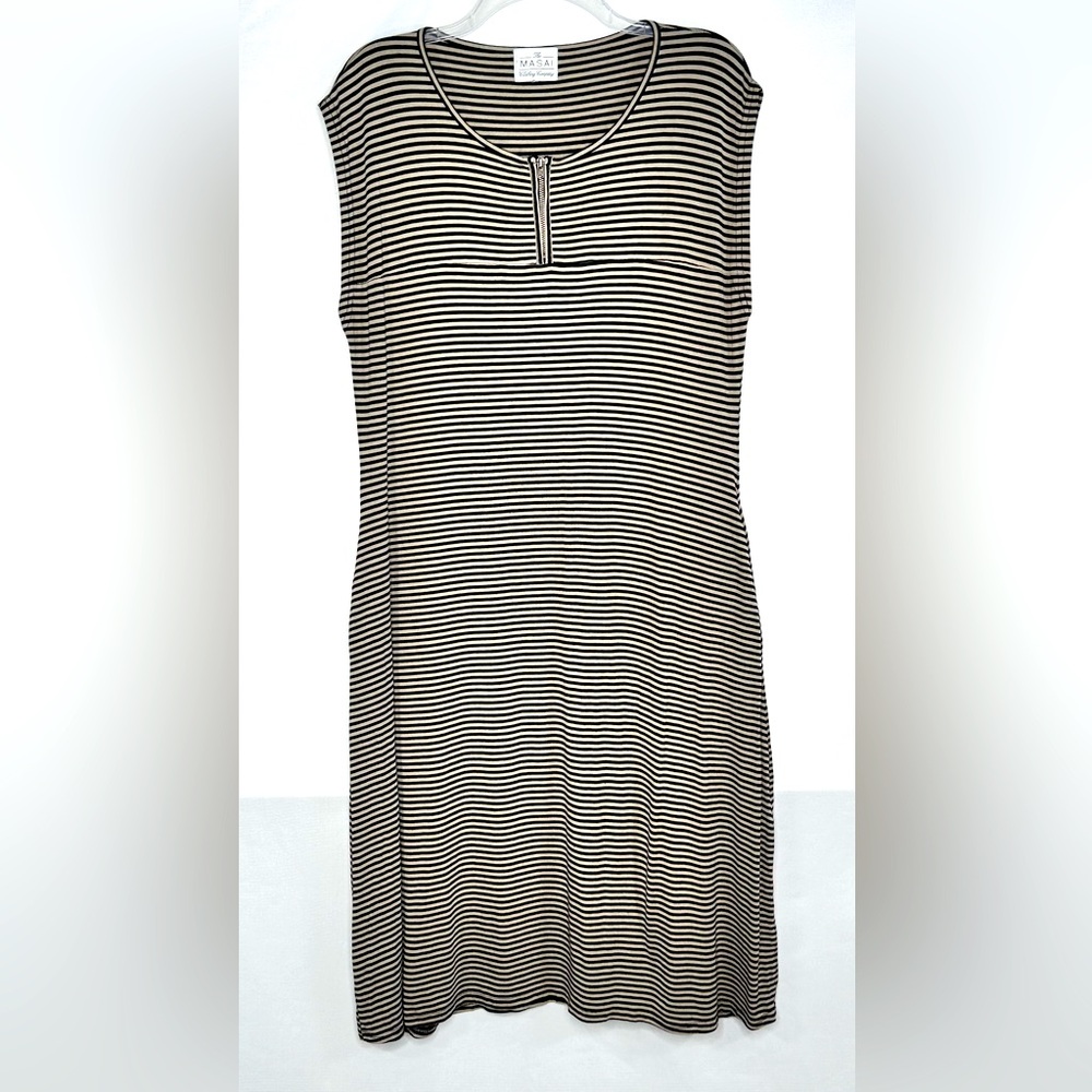 Masai Jersey‎ Black Beige Shift Dress Minimalist Lagenlook Capsule Wardrobe Sz M